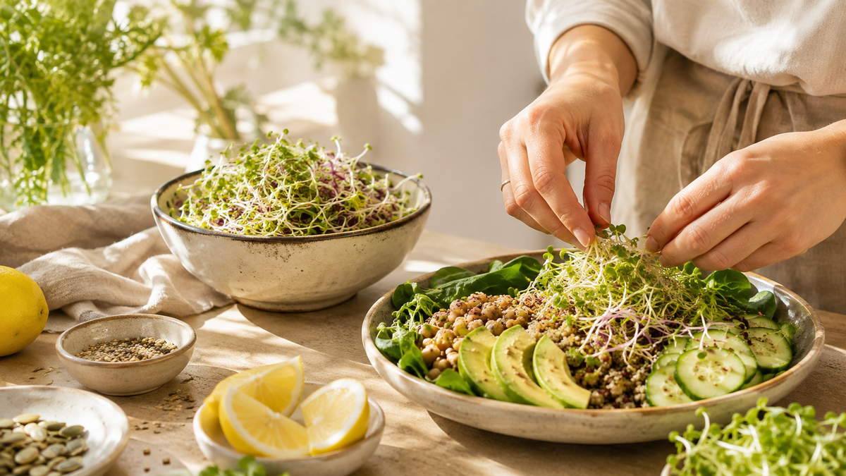Preparazione di un'insalata con germogli e avocado